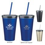 16 oz. Stainless Steel Double Wall Tumbler With Straw -  