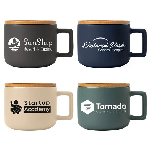 36 Custom Printed Cafe Virtuoso Ceramic Mug with Bamboo Lid 12 Oz