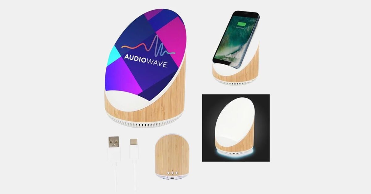 Edgewood Bamboo Speaker & Wireless Charger with your logo | ImprintLogo.com