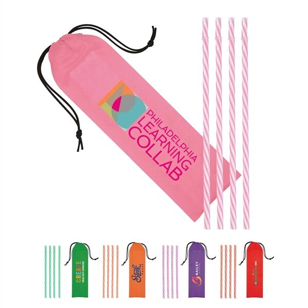 Main Product Image for Custom Printed Reusable Straws in Full Color Drawstring Pouch