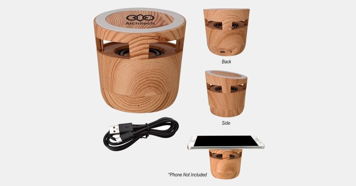 Woodgrain Wireless Charging Pad And Speaker with your logo ...